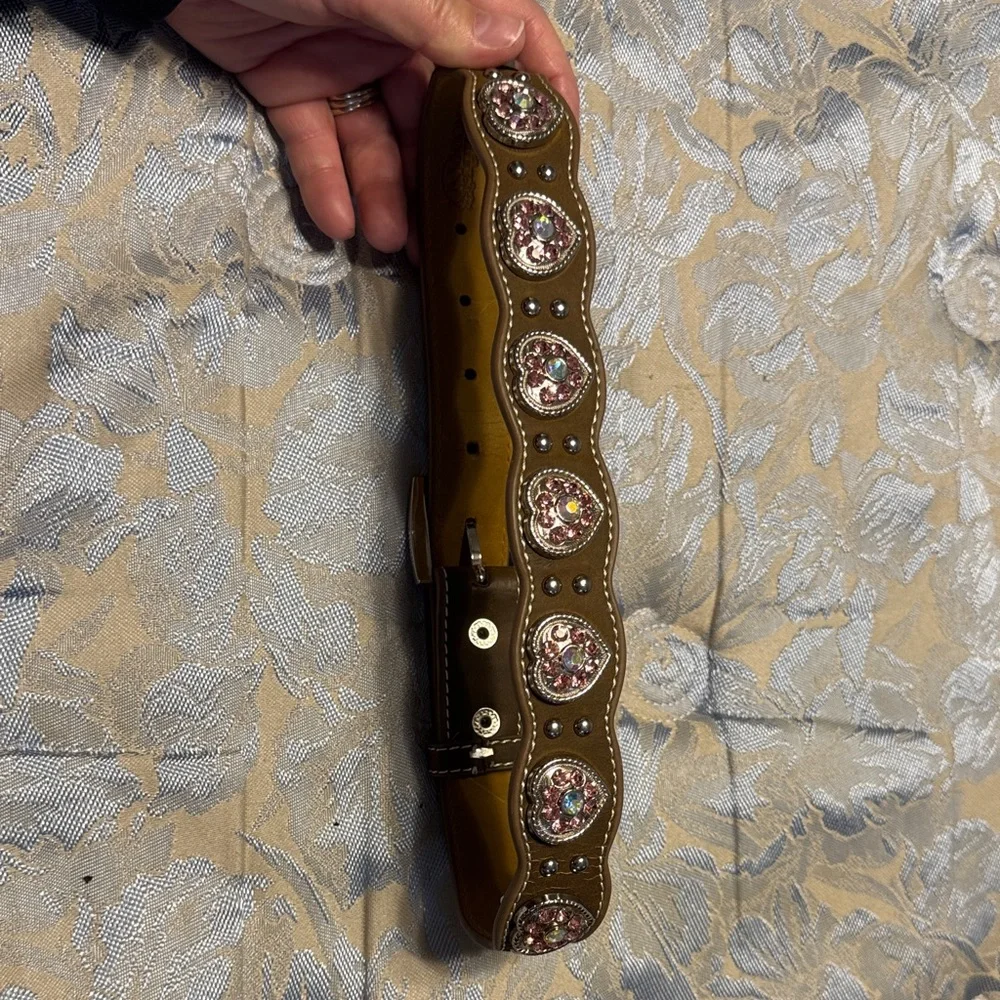 Nocona Kids Belt with Brown and Silver and pink bling hearts